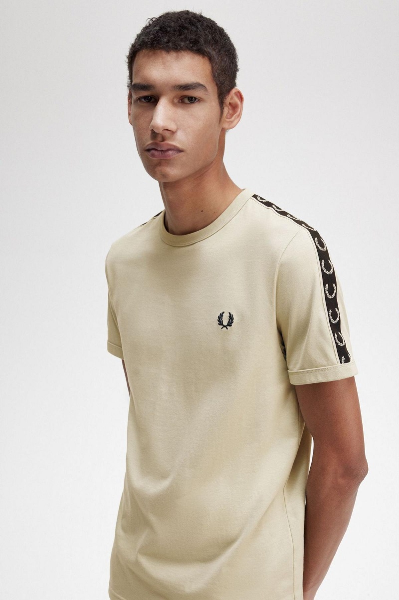 Light Oyster / Black Fred Perry Contrast Tape Ringer Men's T Shirts | FCAHY90355