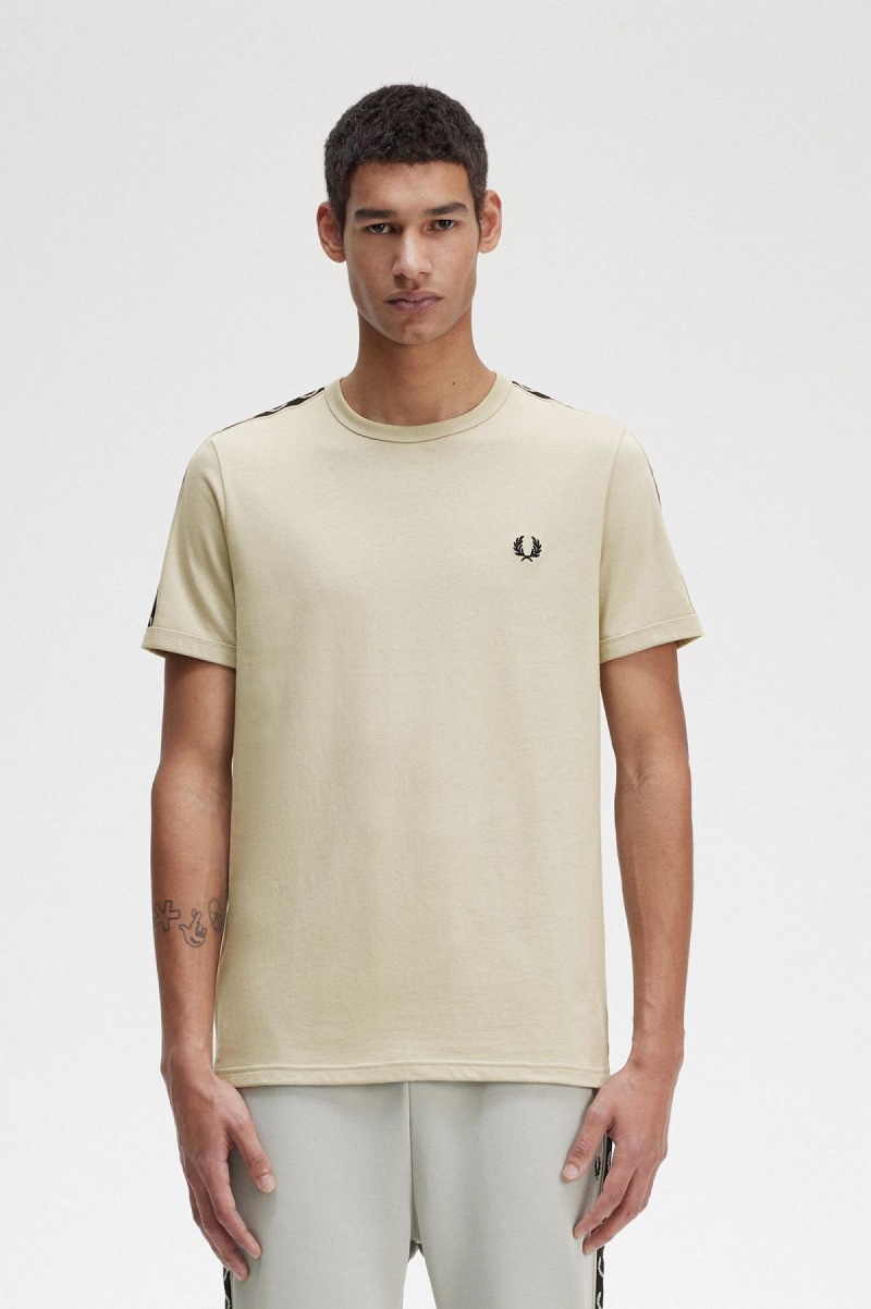 Light Oyster / Black Fred Perry Contrast Tape Ringer Men\'s T Shirts | FCAHY90355