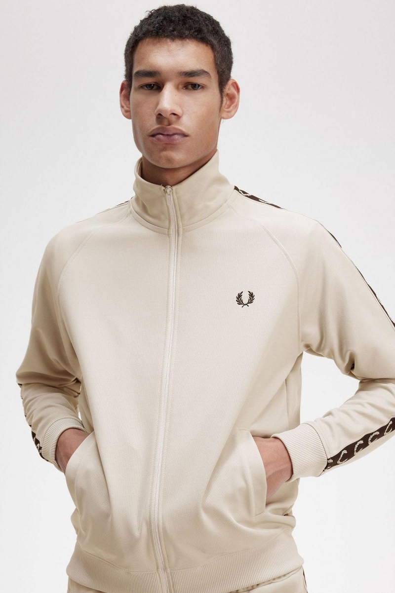 Light Oyster / Black Fred Perry Contrast Tape Men's Track Jackets | CAJZR68129