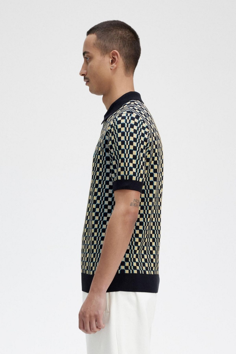 Light Oyster / Black Fred Perry Glitch Chequerboard Knitted Shirt Men's Knitwear | CAEAH45916