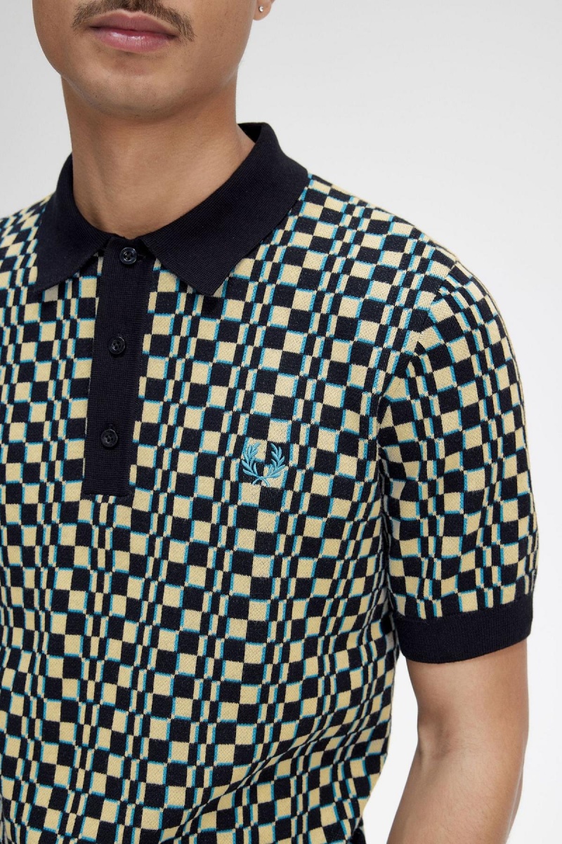 Light Oyster / Black Fred Perry Glitch Chequerboard Knitted Shirt Men's Knitwear | CAEAH45916