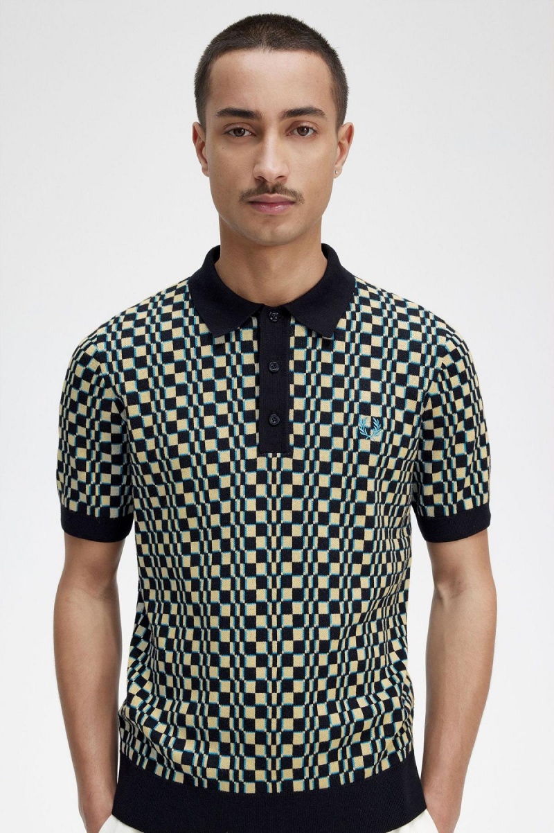 Light Oyster / Black Fred Perry Glitch Chequerboard Knitted Shirt Men's Knitwear | CAEAH45916