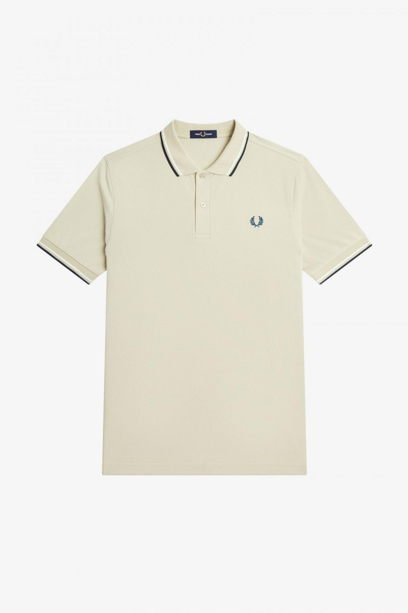 Light Oyster / Snow White / Petrol Blue Fred Perry M3600 Men's Fred Perry Shirt | SCAVO23190