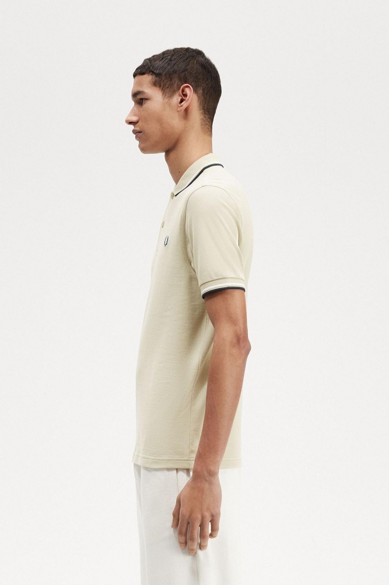 Light Oyster / Snow White / Petrol Blue Fred Perry M3600 Men's Fred Perry Shirt | SCAVO23190