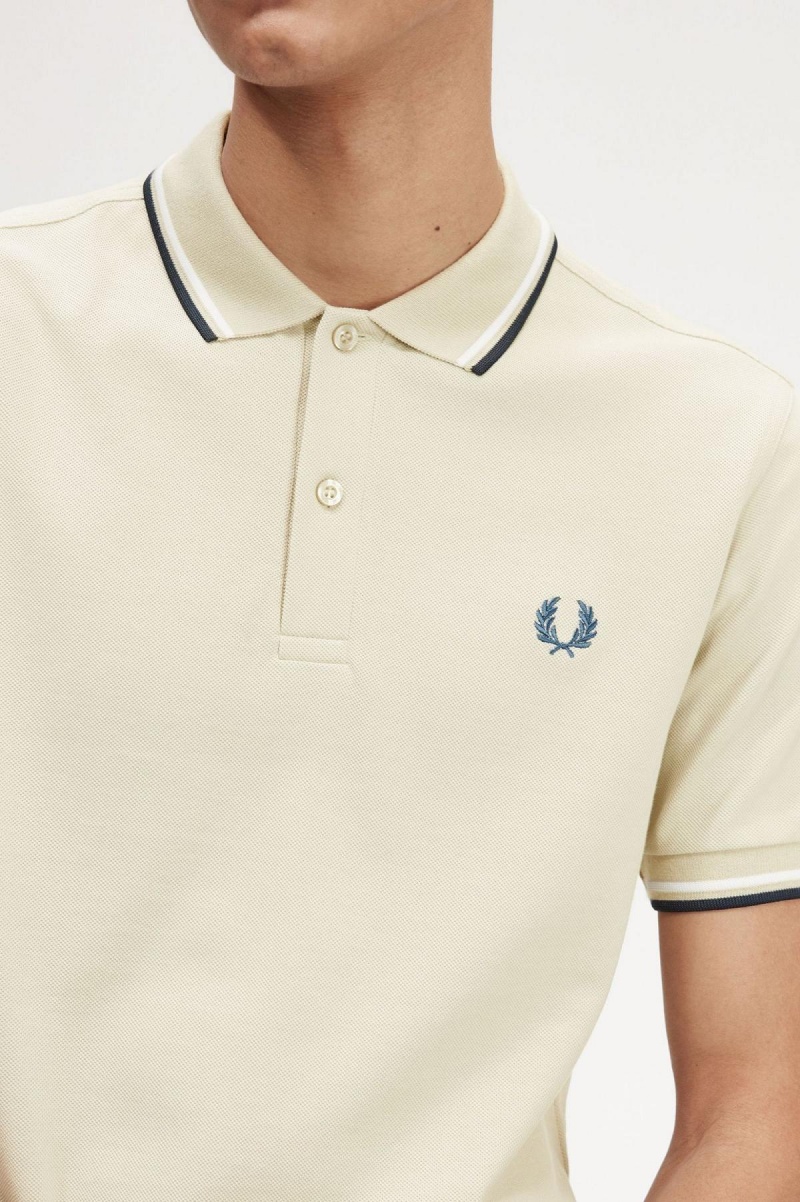 Light Oyster / Snow White / Petrol Blue Fred Perry M3600 Men's Polo Shirts | ECAHC62905