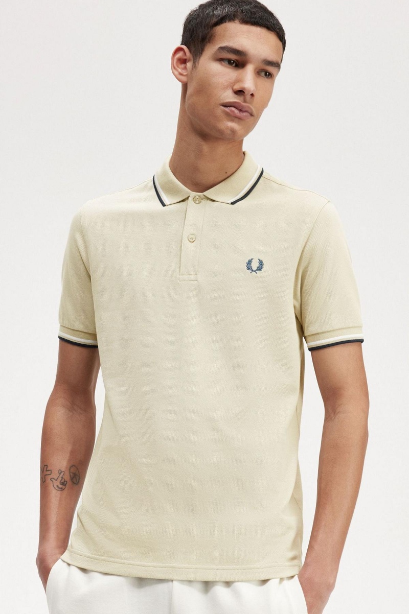 Light Oyster / Snow White / Petrol Blue Fred Perry M3600 Men's Polo Shirts | ECAHC62905