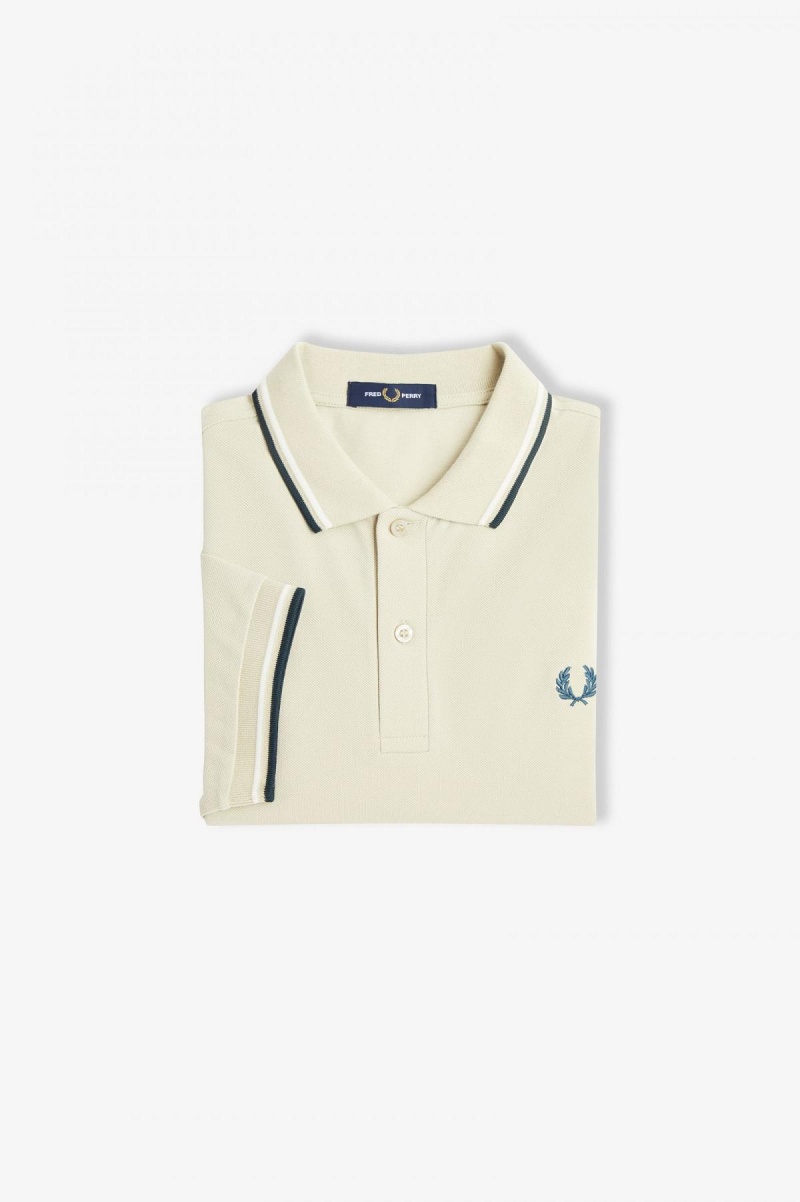 Light Oyster / Snow White / Petrol Blue Fred Perry M3600 Men's Polo Shirts | ECAHC62905