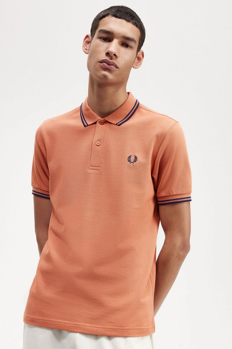 Light Rust / French Navy / French Navy Fred Perry M3600 Men's Polo Shirts | FCAHY98344