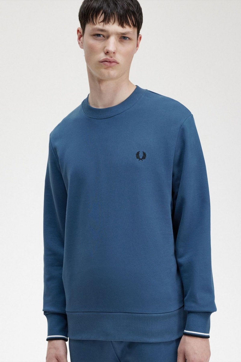 Midnight Blue Fred Perry Crew Neck Men's Sweatshirts | CAEGJ88891