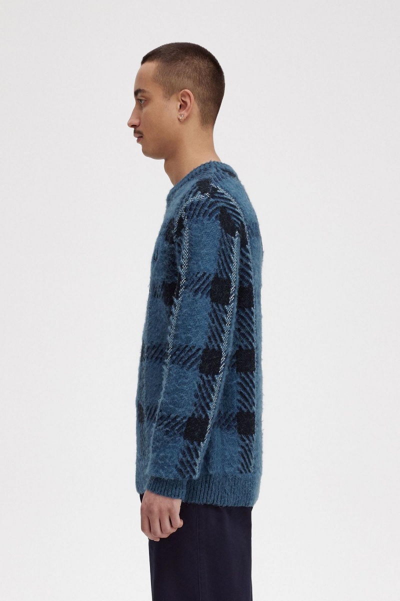 Midnight Blue Fred Perry Glitch Tartan Jumper Men's Knitwear | CAICD59983