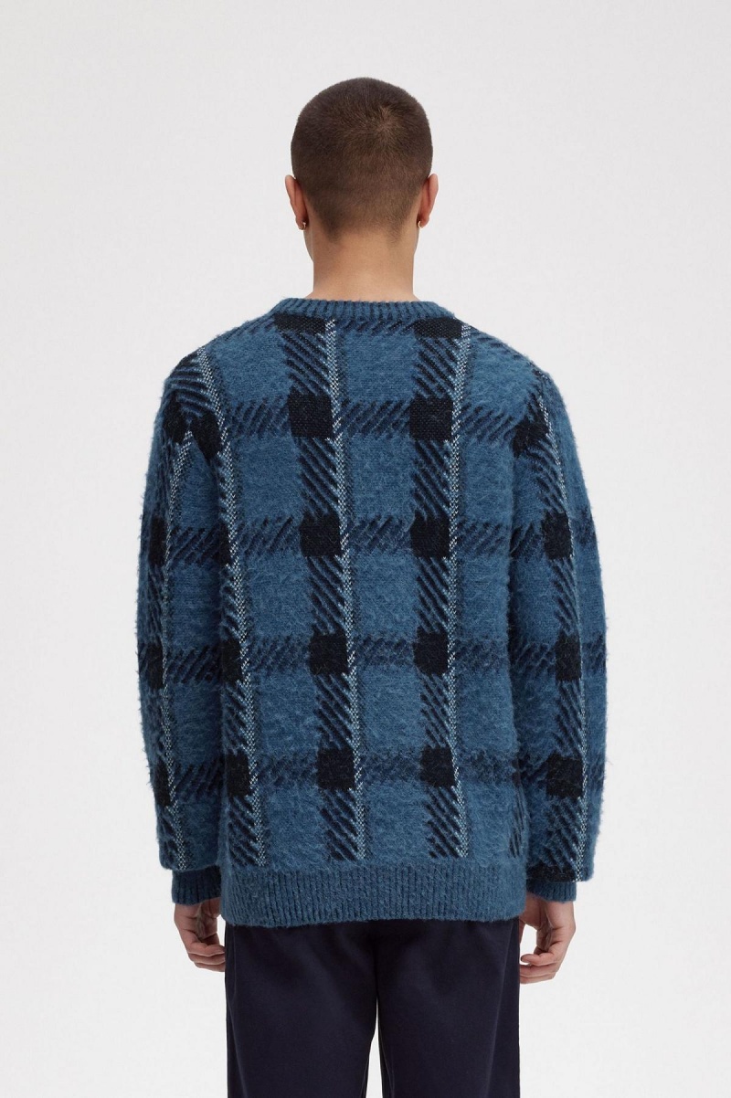 Midnight Blue Fred Perry Glitch Tartan Jumper Men's Knitwear | CAICD59983