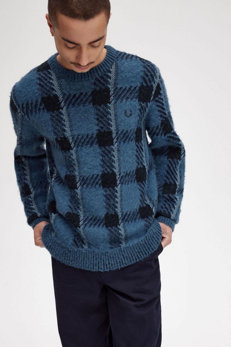 Midnight Blue Fred Perry Glitch Tartan Jumper Men's Knitwear | CAICD59983