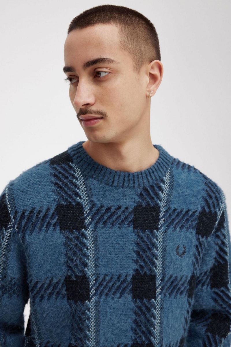 Midnight Blue Fred Perry Glitch Tartan Jumper Men's Knitwear | CAICD59983