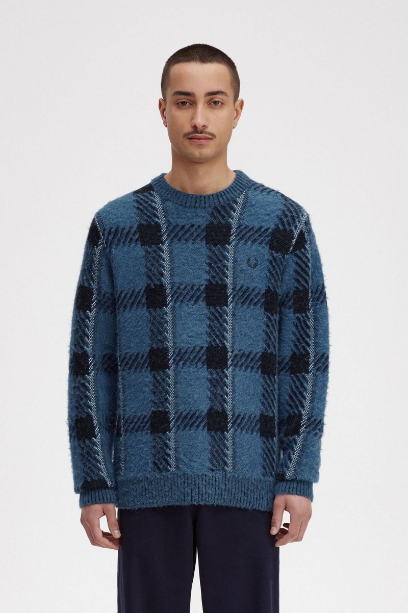 Midnight Blue Fred Perry Glitch Tartan Jumper Men\'s Knitwear | CAICD59983