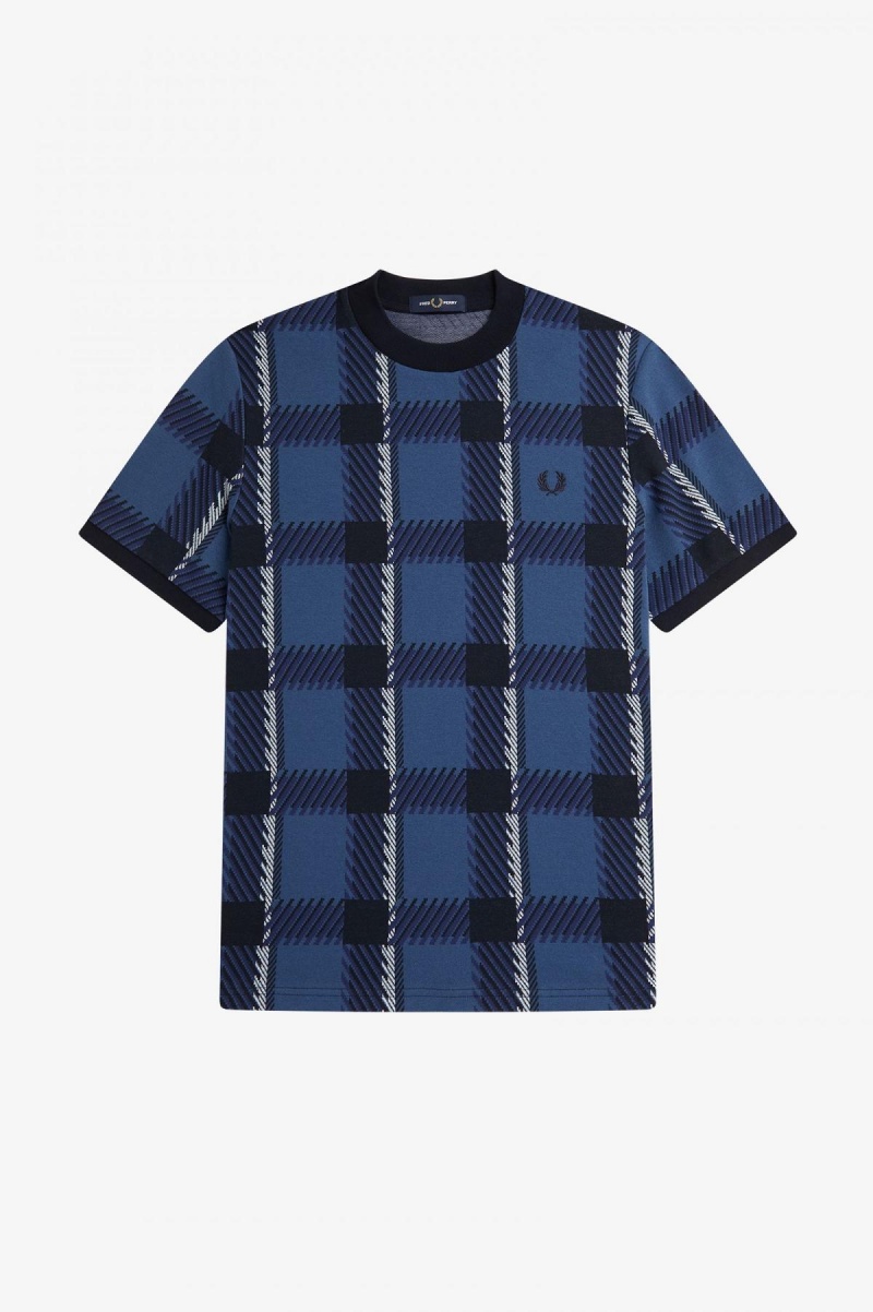 Midnight Blue Fred Perry Glitch Tartan Men\'s T Shirts | CAXMI12245