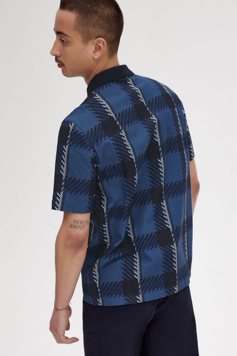 Midnight Blue Fred Perry Glitch Tartan Zip Neck Polo Shirt Men's Polo Shirts | CAICD92805