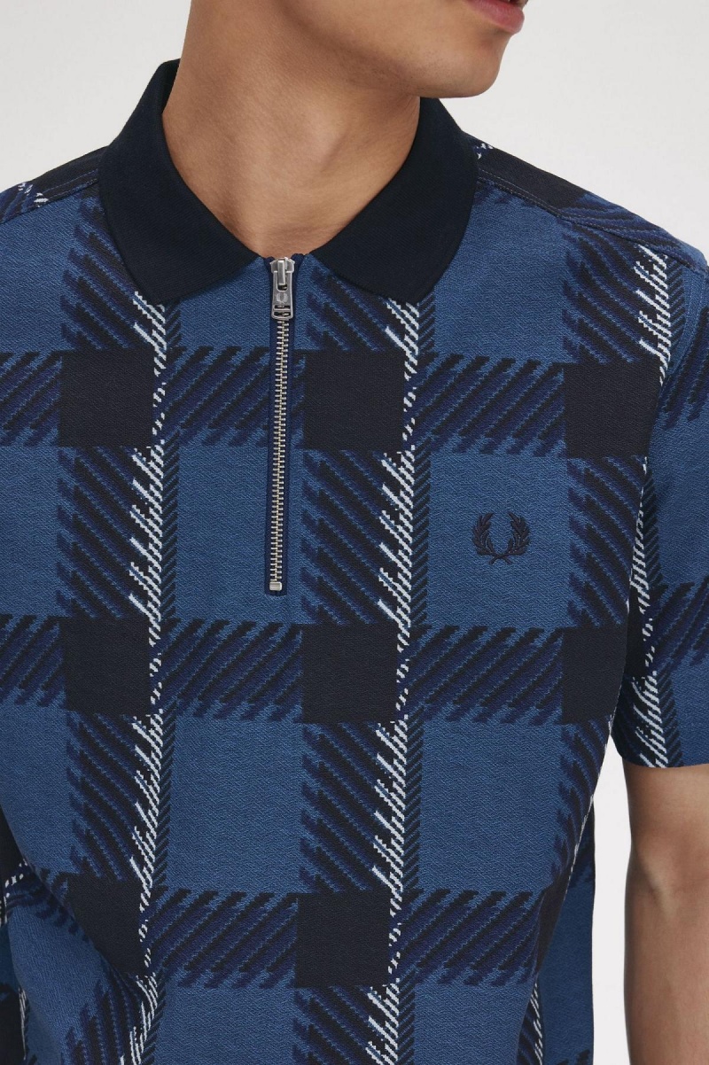 Midnight Blue Fred Perry Glitch Tartan Zip Neck Polo Shirt Men's Polo Shirts | CAICD92805