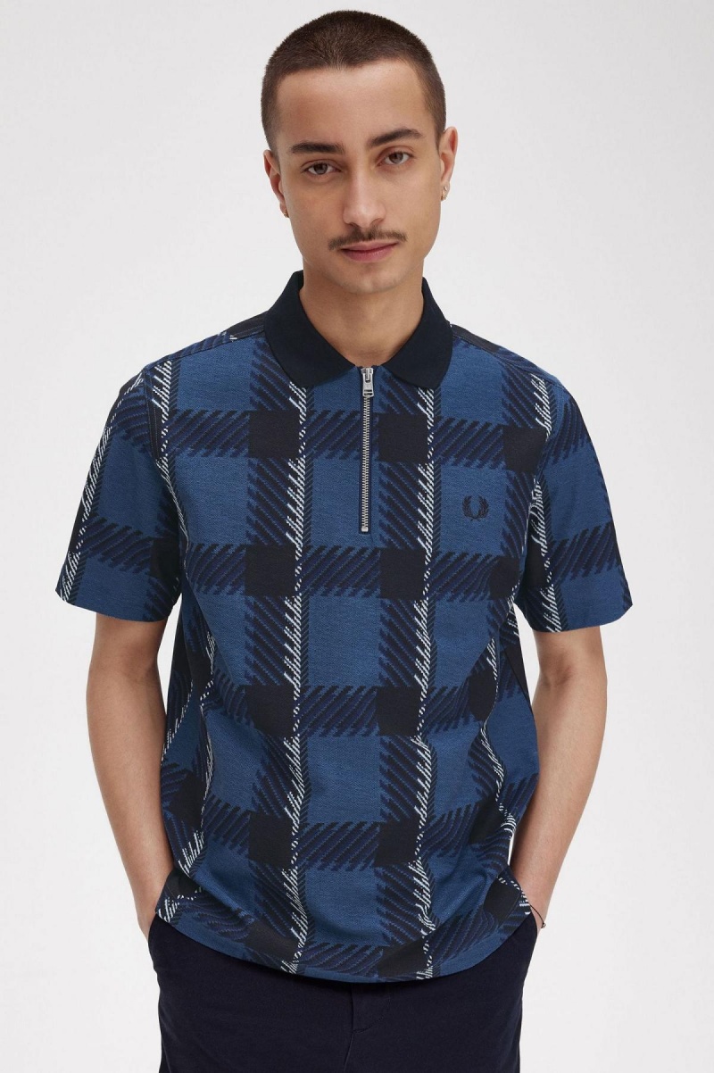 Midnight Blue Fred Perry Glitch Tartan Zip Neck Polo Shirt Men's Polo Shirts | CAICD92805