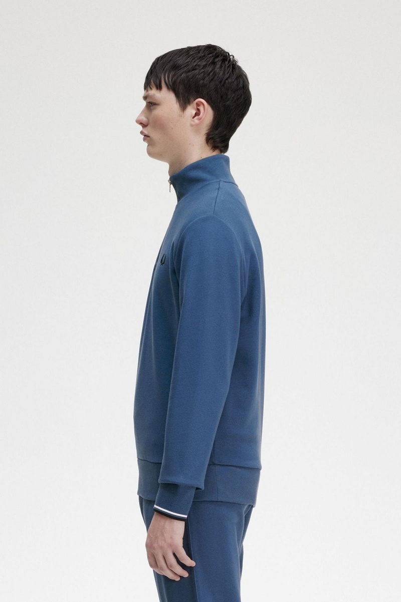 Midnight Blue Fred Perry Half Zip Men's Sweatshirts | CAQCS11104