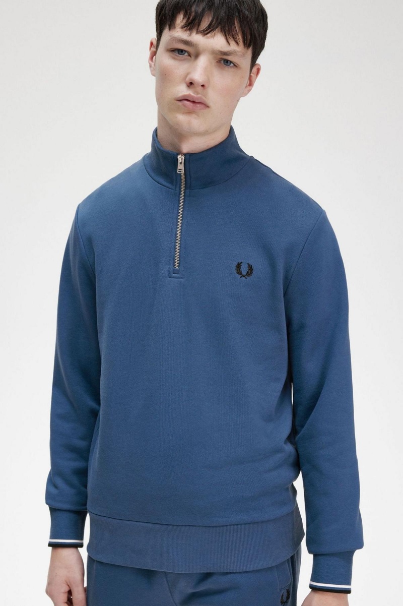 Midnight Blue Fred Perry Half Zip Men's Sweatshirts | CAQCS11104