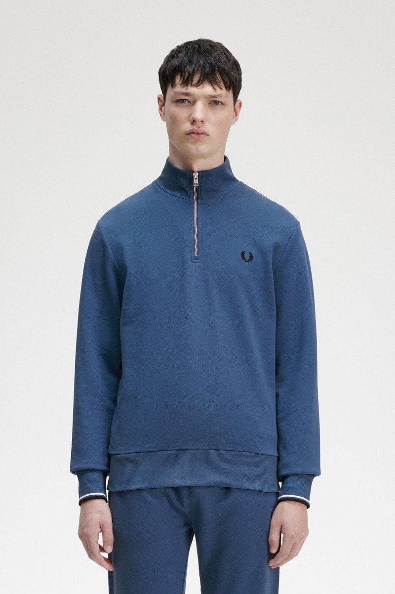 Midnight Blue Fred Perry Half Zip Men\'s Sweatshirts | CAQCS11104