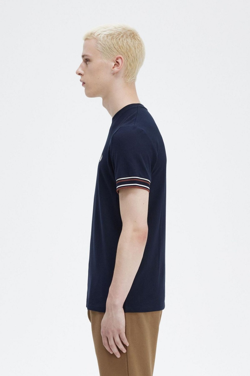 Navy Fred Perry Bold Tipped Piqué Men's T Shirts | CAQAV73377