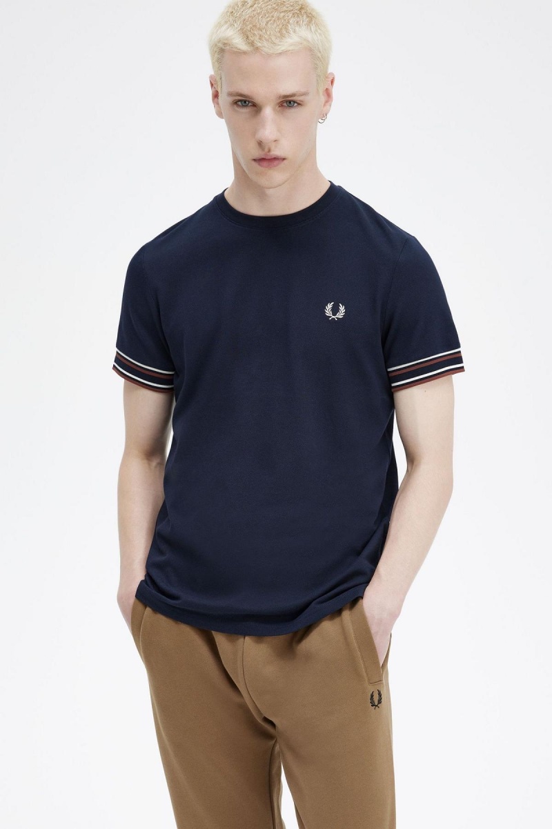 Navy Fred Perry Bold Tipped Piqué Men's T Shirts | CAQAV73377