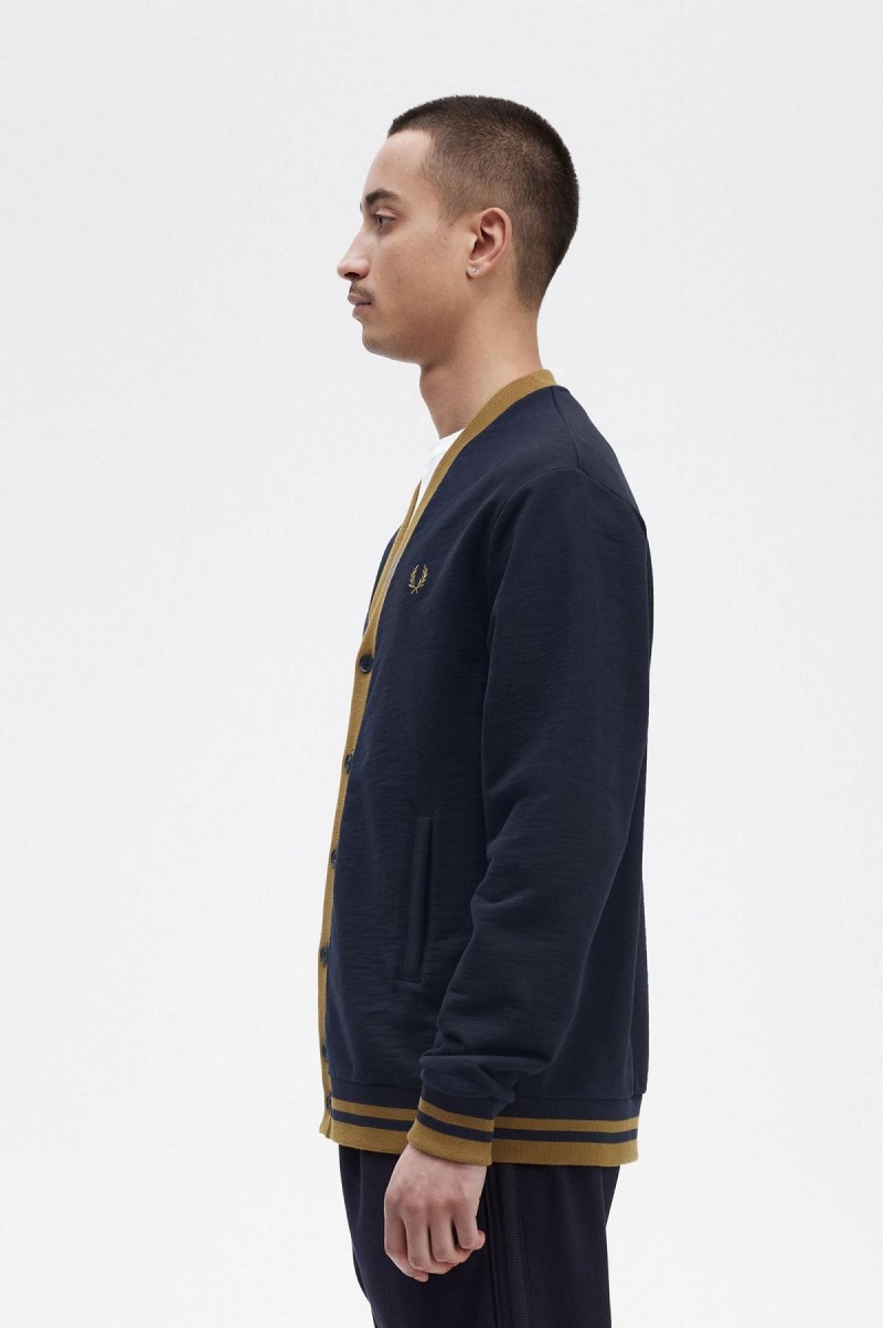 Navy Fred Perry Button Through Men's Sweatshirts | QCAWA67196