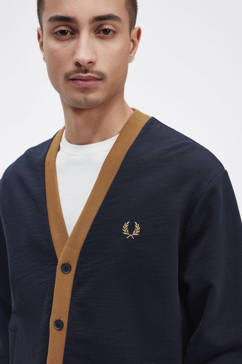 Navy Fred Perry Button Through Men's Sweatshirts | QCAWA67196