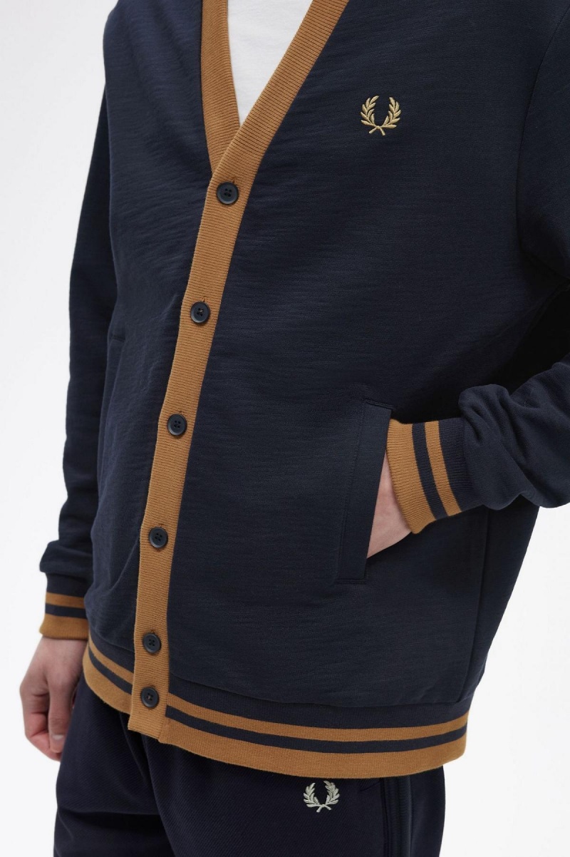 Navy Fred Perry Button Through Men's Sweatshirts | QCAWA67196