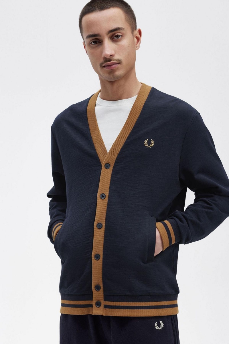 Navy Fred Perry Button Through Men's Sweatshirts | QCAWA67196