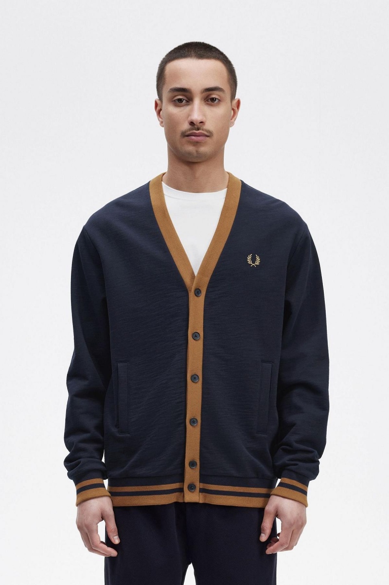 Navy Fred Perry Button Through Men\'s Sweatshirts | QCAWA67196