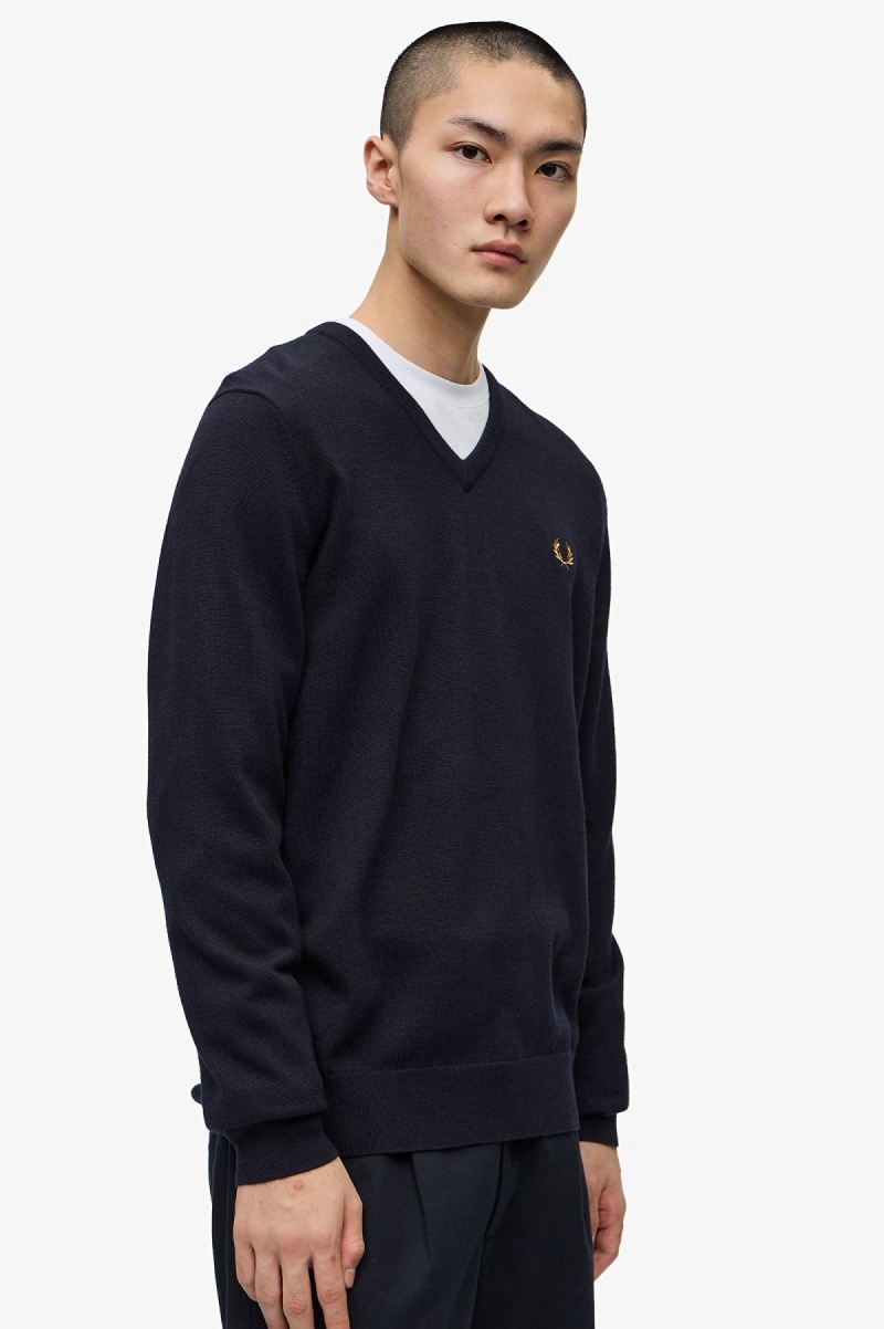 Navy Fred Perry Classic V-Neck Jumper Men's Knitwear | CAQCS51016