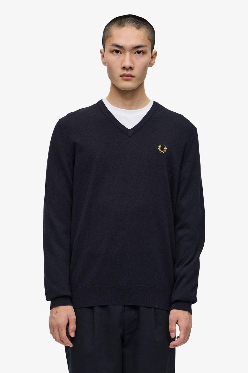 Navy Fred Perry Classic V-Neck Jumper Men\'s Knitwear | CAQCS51016