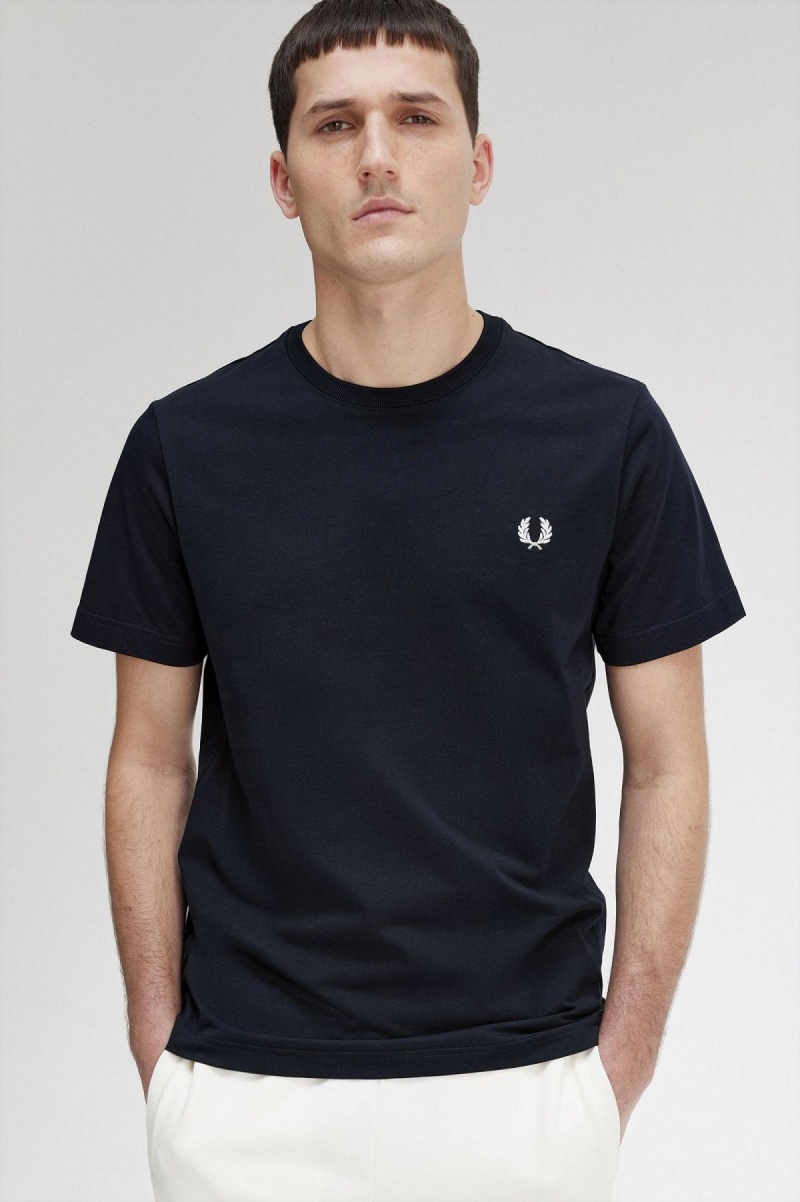 Navy Fred Perry Crew Neck Men's T Shirts | DCAVO77064