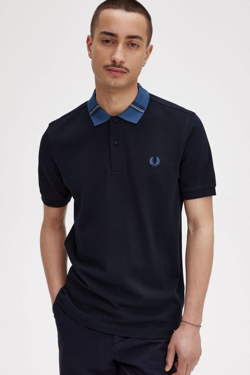 Navy Fred Perry Graphic Collar Polo Shirt Men's Polo Shirts | BCASO76503