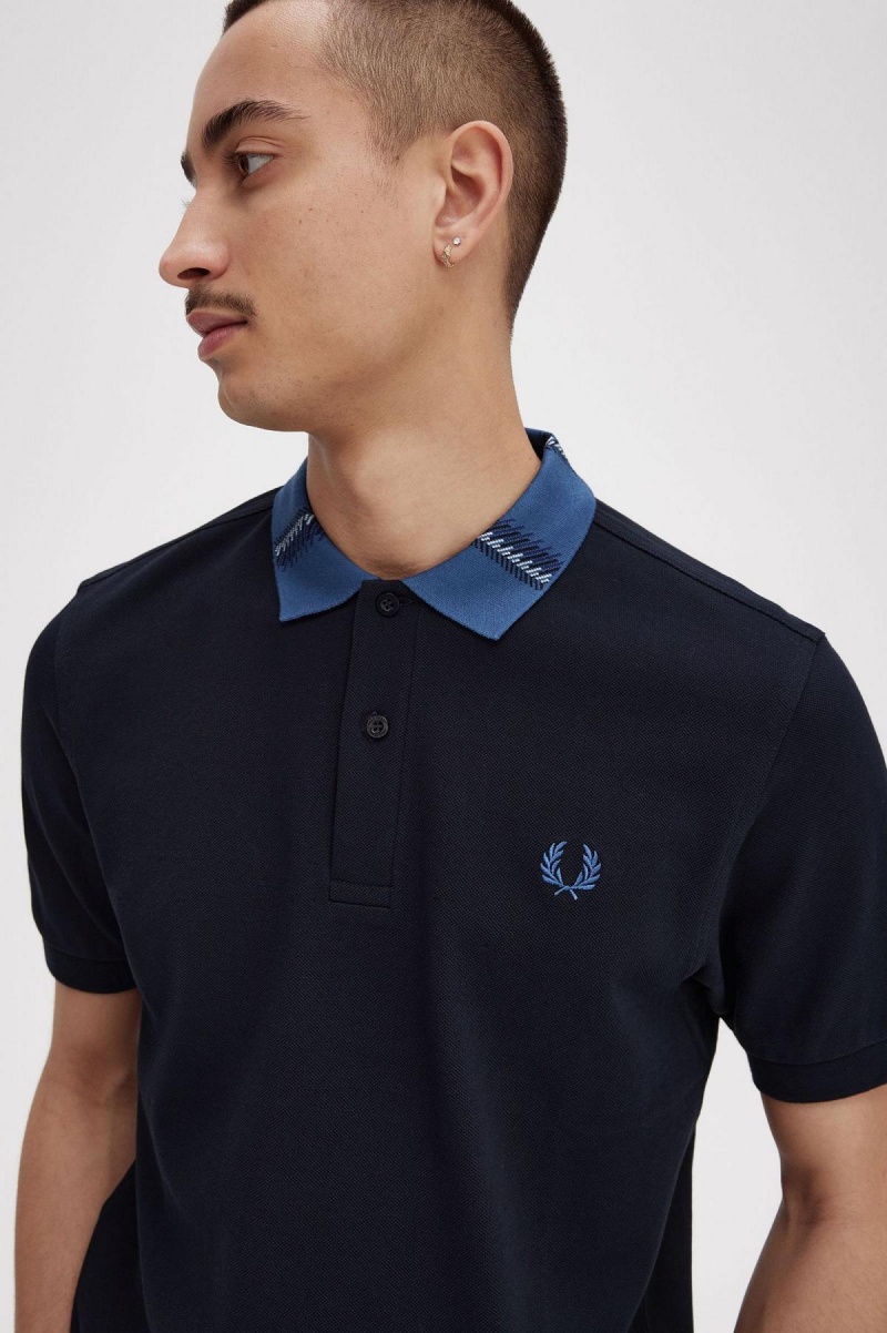 Navy Fred Perry Graphic Collar Polo Shirt Men's Polo Shirts | BCASO76503