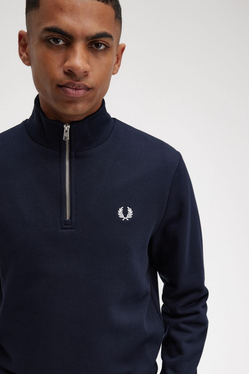 Navy Fred Perry Half Zip Men's Sweatshirts | CAJBT52854