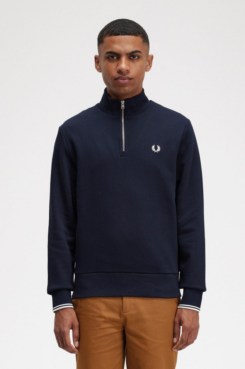 Navy Fred Perry Half Zip Men\'s Sweatshirts | CAJBT52854