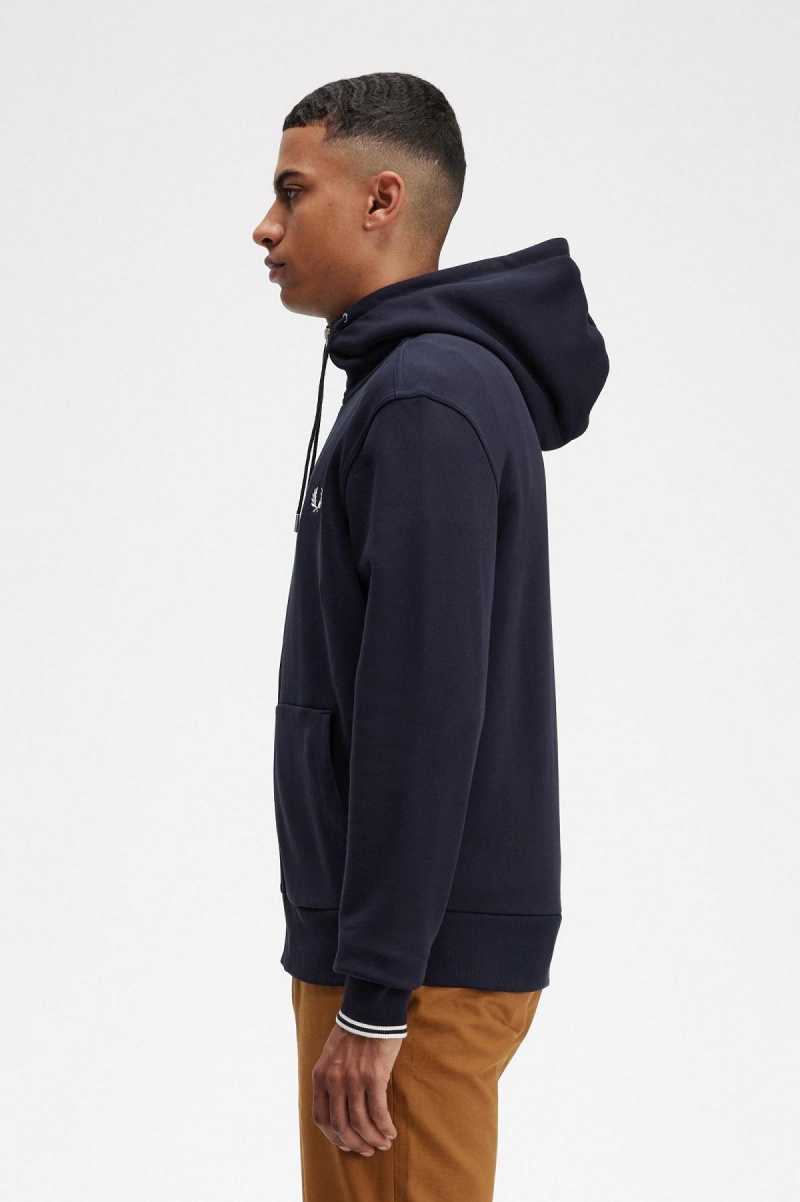 Navy Fred Perry Hooded Zip Through Men's Sweatshirts | QCAWA85421