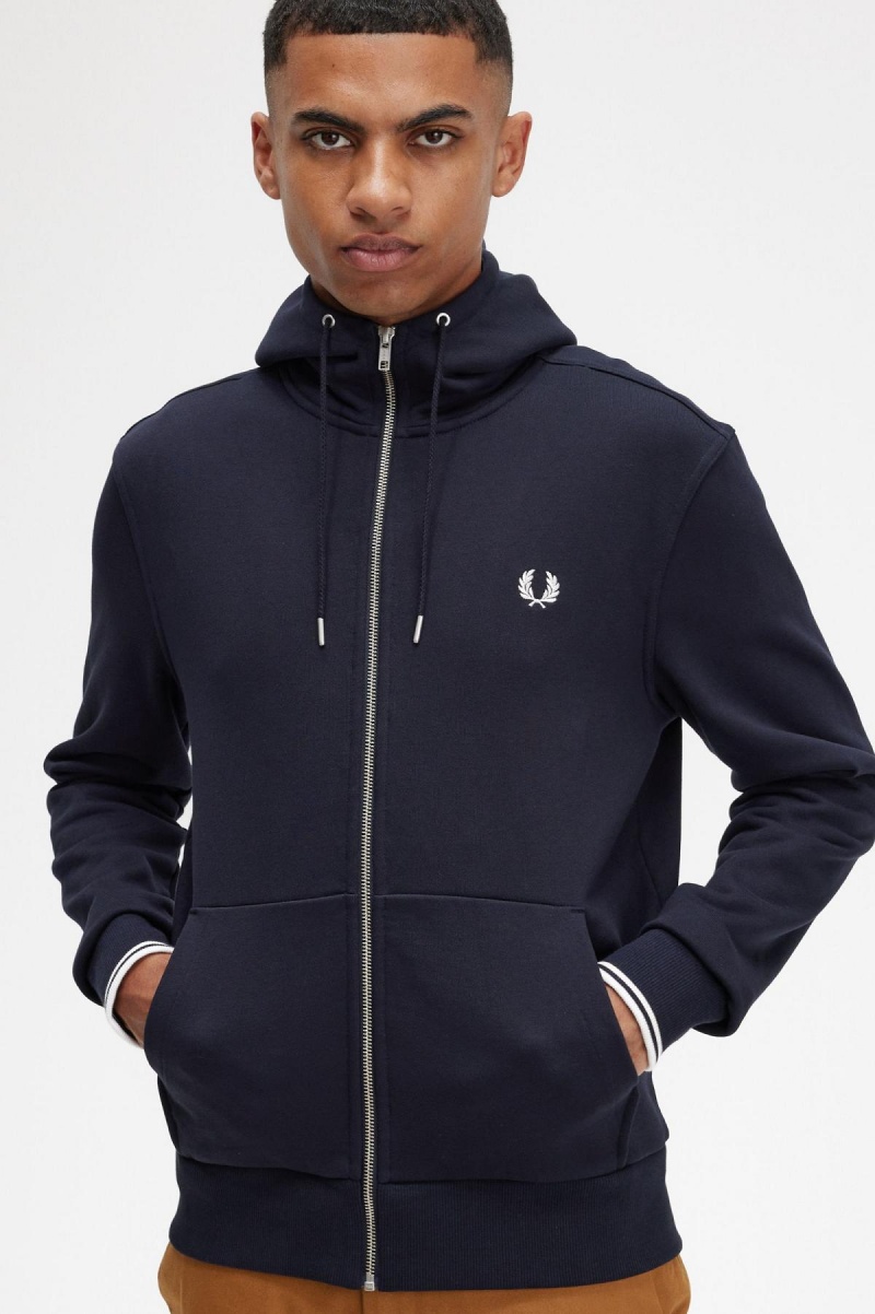 Navy Fred Perry Hooded Zip Through Men's Sweatshirts | QCAWA85421