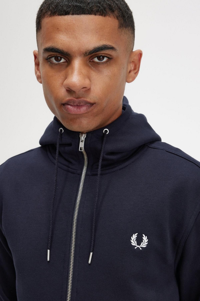 Navy Fred Perry Hooded Zip Through Men's Sweatshirts | QCAWA85421