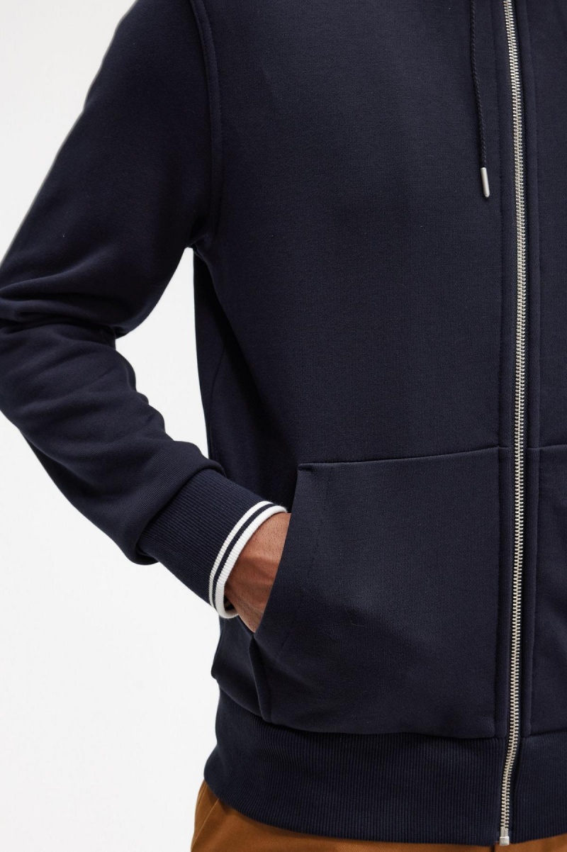 Navy Fred Perry Hooded Zip Through Men's Sweatshirts | QCAWA85421