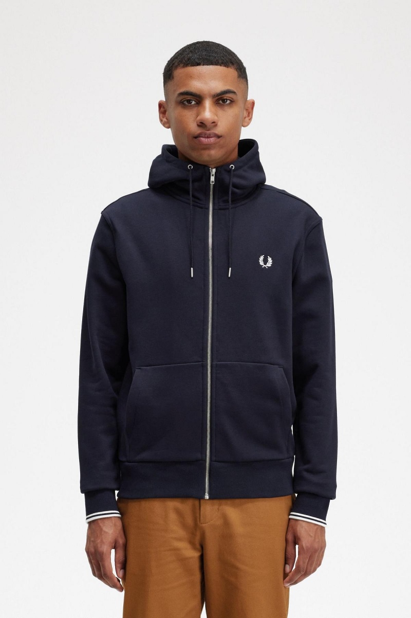 Navy Fred Perry Hooded Zip Through Men\'s Sweatshirts | QCAWA85421