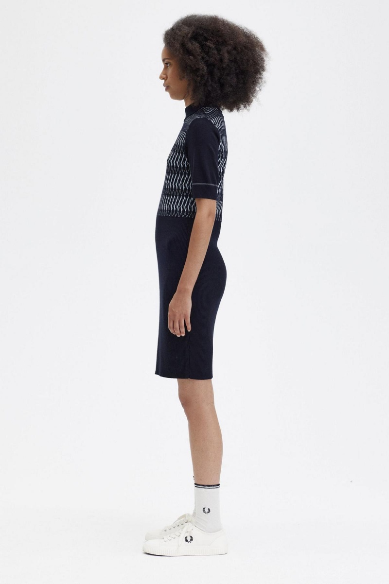 Navy Fred Perry Jacquard Knitted Women's Dress | MCAHR51278