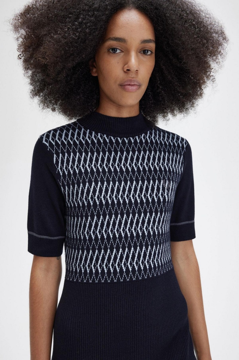 Navy Fred Perry Jacquard Knitted Women's Dress | MCAHR51278