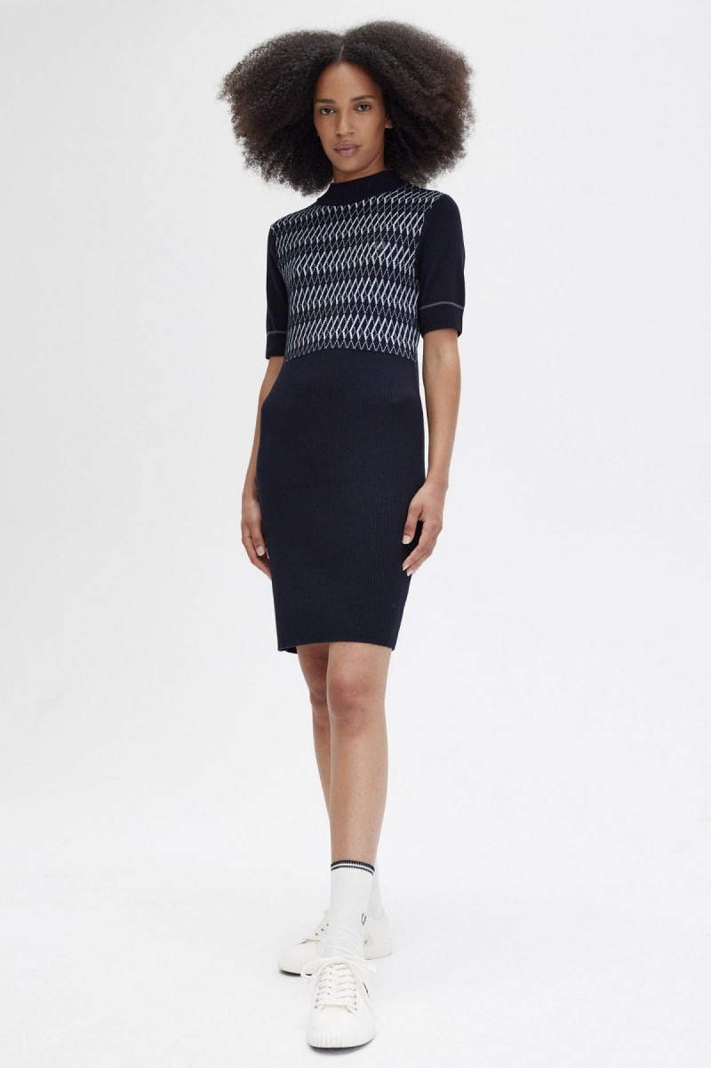 Navy Fred Perry Jacquard Knitted Women's Dress | MCAHR51278