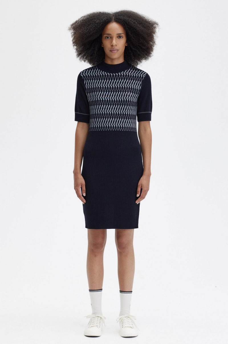 Navy Fred Perry Jacquard Knitted Women\'s Dress | MCAHR51278