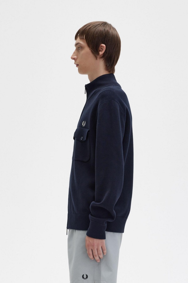 Navy Fred Perry Knitted Men's Track Jackets | GCAUC18393