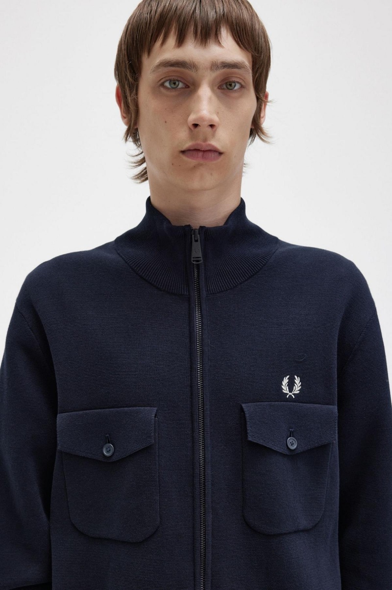 Navy Fred Perry Knitted Men's Track Jackets | GCAUC18393